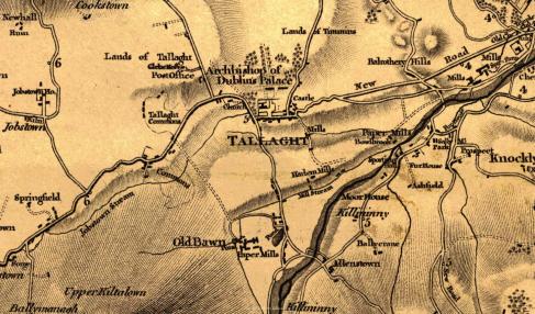 Map of Tallaght in 1816, showing the many mills in the area.